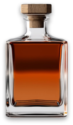 A bottle filled with gold colored whisky with a wooden cap. The cork is visible